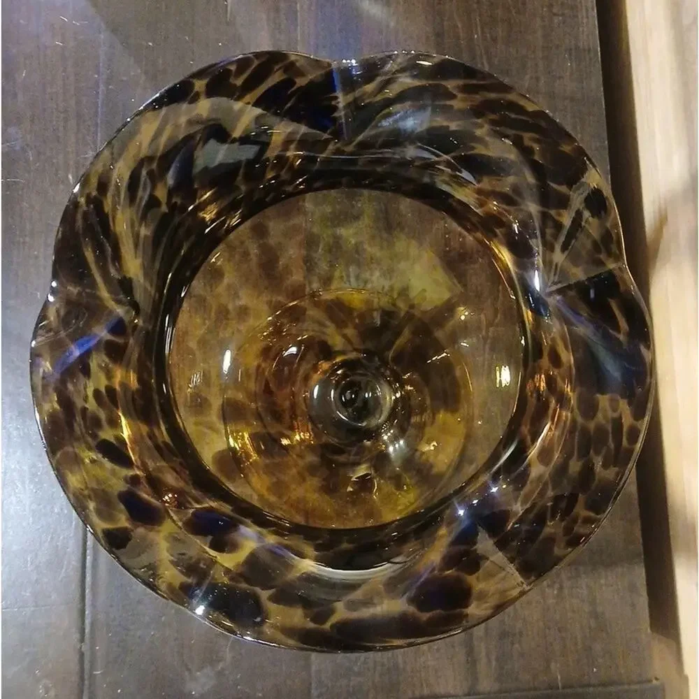 Vintage MCM Tortoiseshell Art Glass Pedestal Vase Ruffled Rim Apothecary Urn